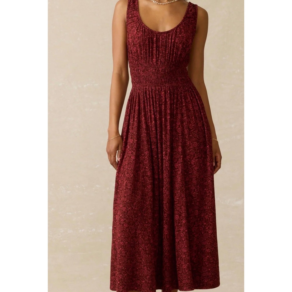 Faherty Sunseeker Dress Belmonte Floral Smocked Midi WDU2529 Burgundy Pink M